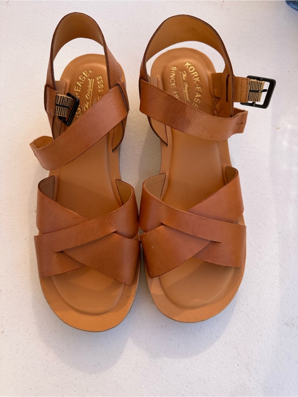 Kork-Ease Women's Cognac Leather Crisscross Ankle Strap Sandals